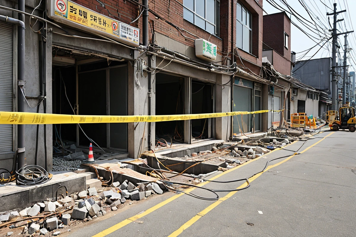 서울 은평구 신사동 피시방 철거 현장에서 전기·가스 시설 해체 작업이 진행 중인 모습. 전기 케이블과 가스 배관이 정리되고 있는 상황. 철거 전 현장의 안전 조치가 완료된 배경.