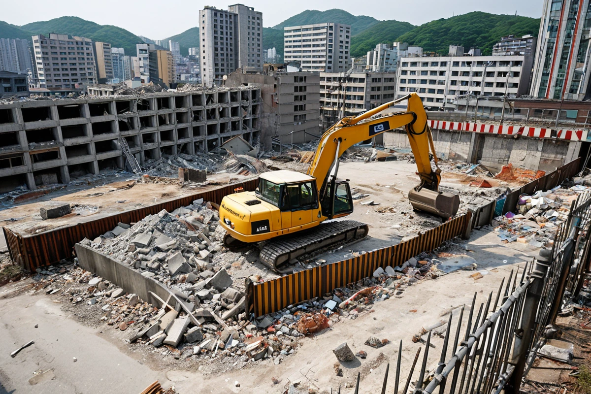 서울 은평구 역촌동 도시 지역의 철거 현장, 주변 건물과 도로를 보호하기 위한 경계 울타리와 안전 표지판이 설치된 모습, 철거 중인 건물의 일부 구조물이 보이고 주변 시설물 보호를