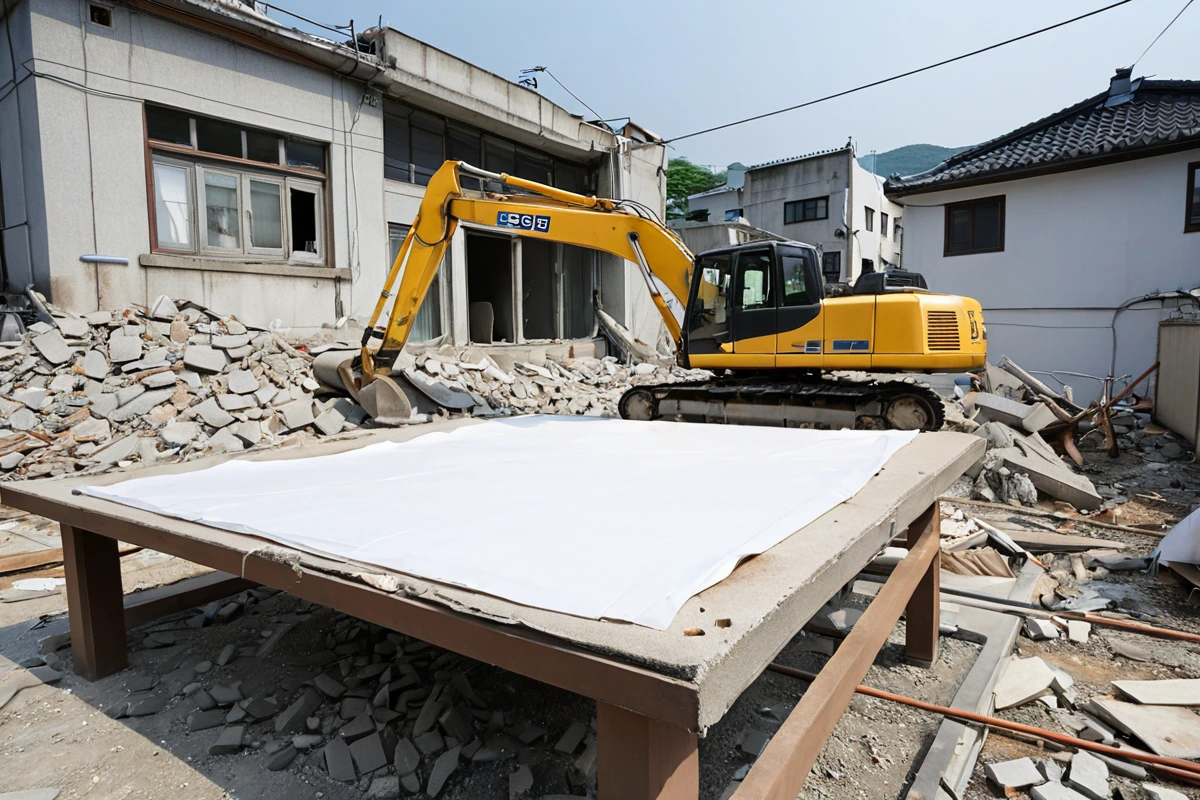 서울 은평구 역촌동의 50평 규모 2층 주택 철거 현장, 철근콘크리트 구조물이 손상이 적게 남아 있는 상태에서 철거 장비가 준비된 모습, 평당 10만 원에서 15만 원 비용 산정을