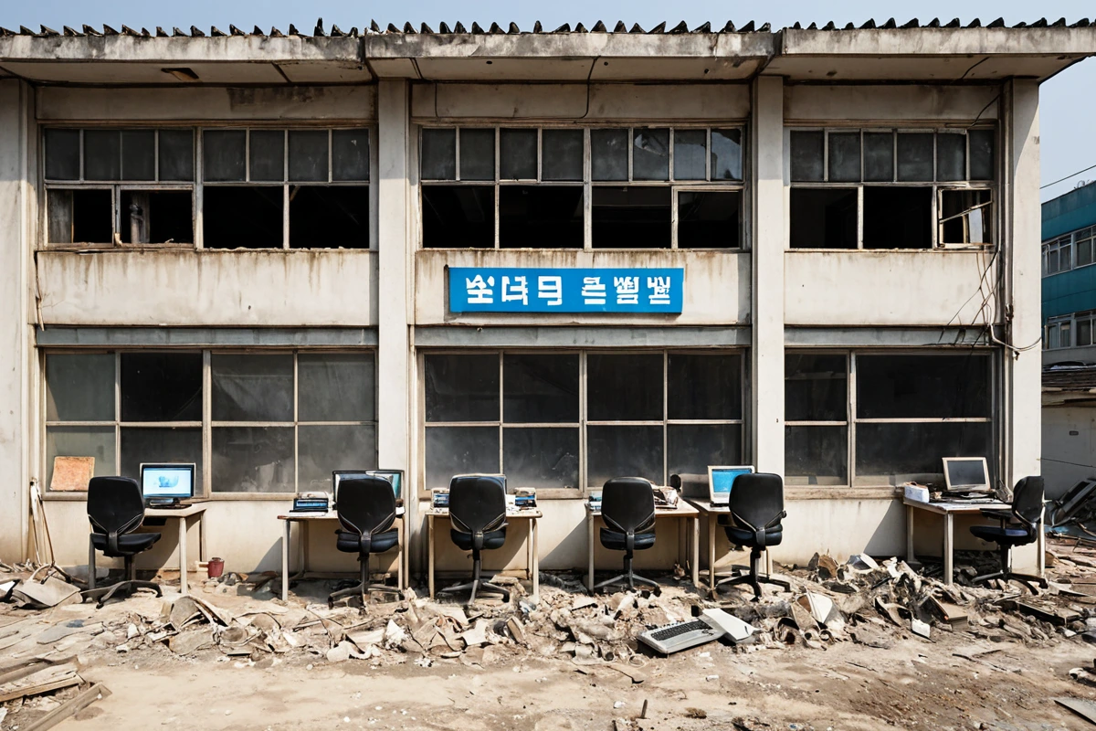 서울 은평구 역촌동의 오래된 피시방 건물 외관, 철거 준비를 위한 현수막이 걸린 채로 건물 내부의 컴퓨터와 의자들이 정리된 모습, 흙먼지가 가득한 바닥