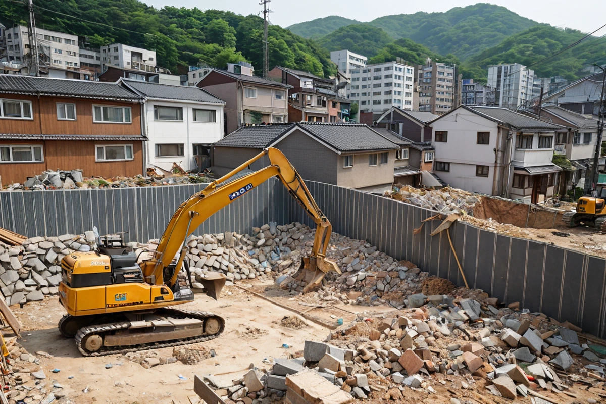 서울 은평구 역촌동 주택가의 가벽 철거 현장, 철거 중인 가벽과 주변 주택의 조화로운 배경, 소음과 진동 최소화를 위한 작업 장비가 정리된 모습