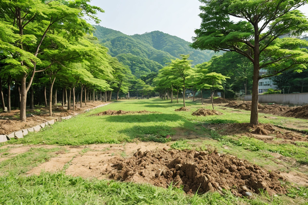서울 은평구의 철거 후 토지에서 원상복구 작업이 진행 중인 모습. 철거된 건물 잔해가 제거되고, 흙과 잔여물이 정리된 토지 위에 정교하게 복원된 풀밭과 나무가 보인다. 햇빛이 내리