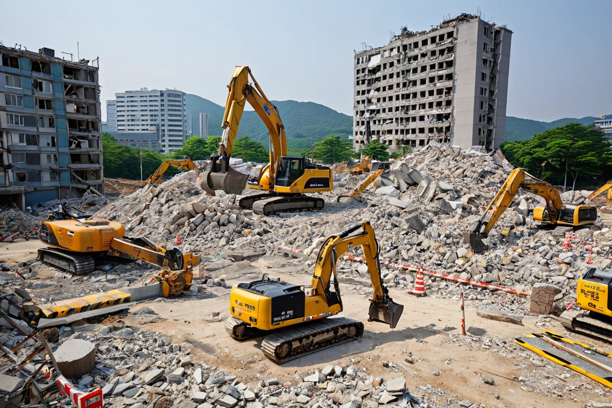 서울 은평구 증산동의 30평형 주택 철거 현장, 건물 구조 분석을 위한 측정 도구와 철거 작업 중인 중장비가 배경에 위치한 실제적인 철거 현장 사진