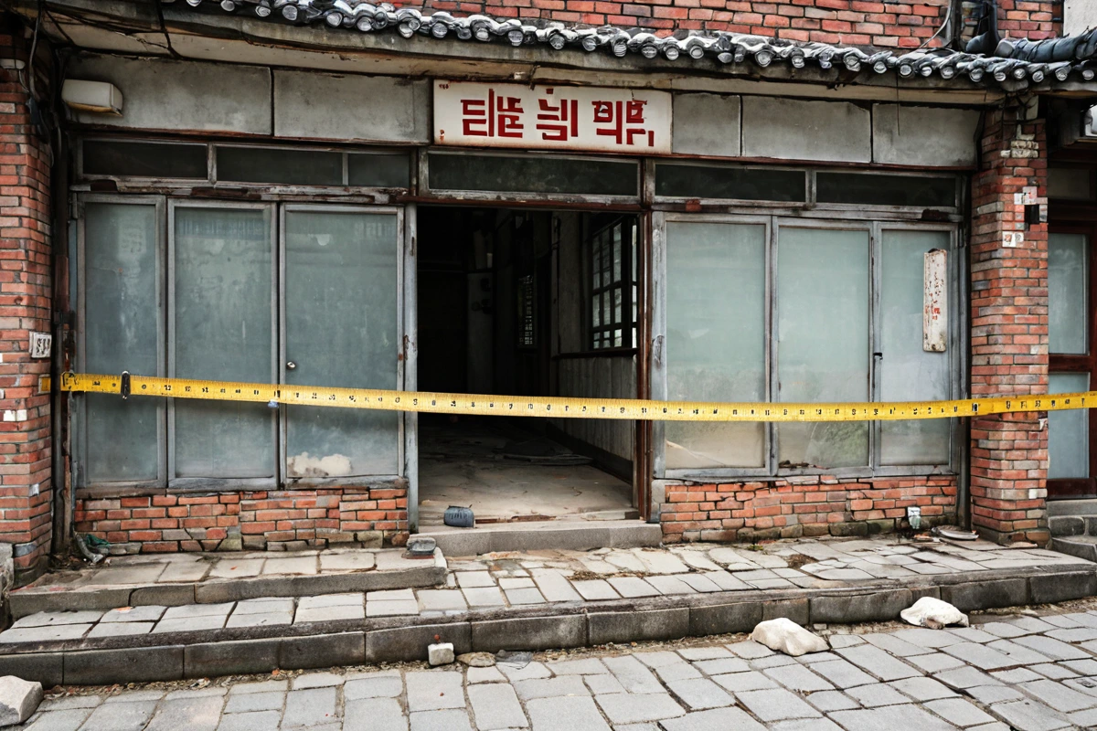 서울 은평구 증산동의 오래된 식당 외부 구조물, 철거 전 상태를 보여주는 사진. 낡은 벽면과 철재 지지대가 보이며, 구조물의 연식과 재질을 확인하기 위한 측정 도구가 놓여 있다.