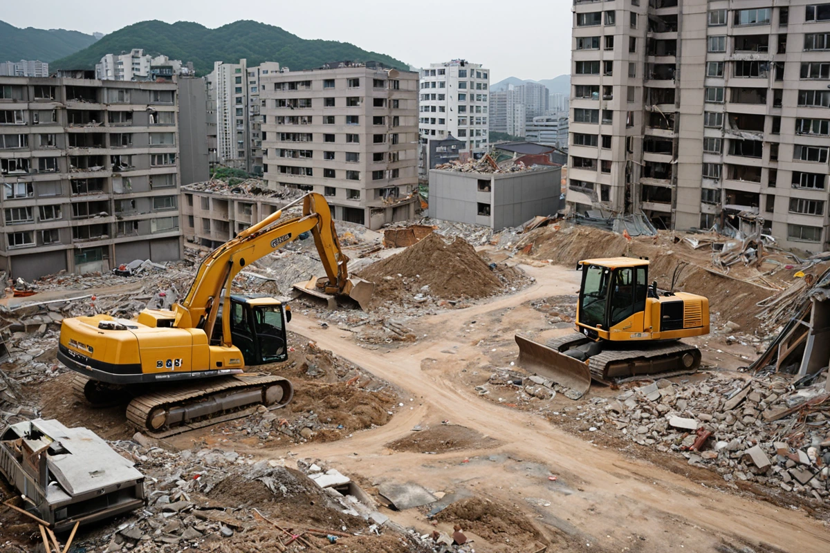 서울 은평구 증산동 주거지역에서 철거 작업 중인 건설 장비가 정리된 모습, 주변에 주택이 밀집해 있는 상황을 보여주는 사진