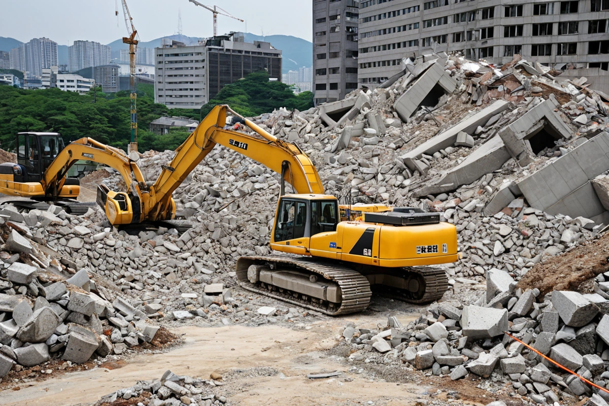 서울 은평구 진관동의 철거 현장에서 철근 콘크리트 구조의 건물이 철거 중인 장면, 건물의 면적과 구조를 보여주는 자연스러운 사진