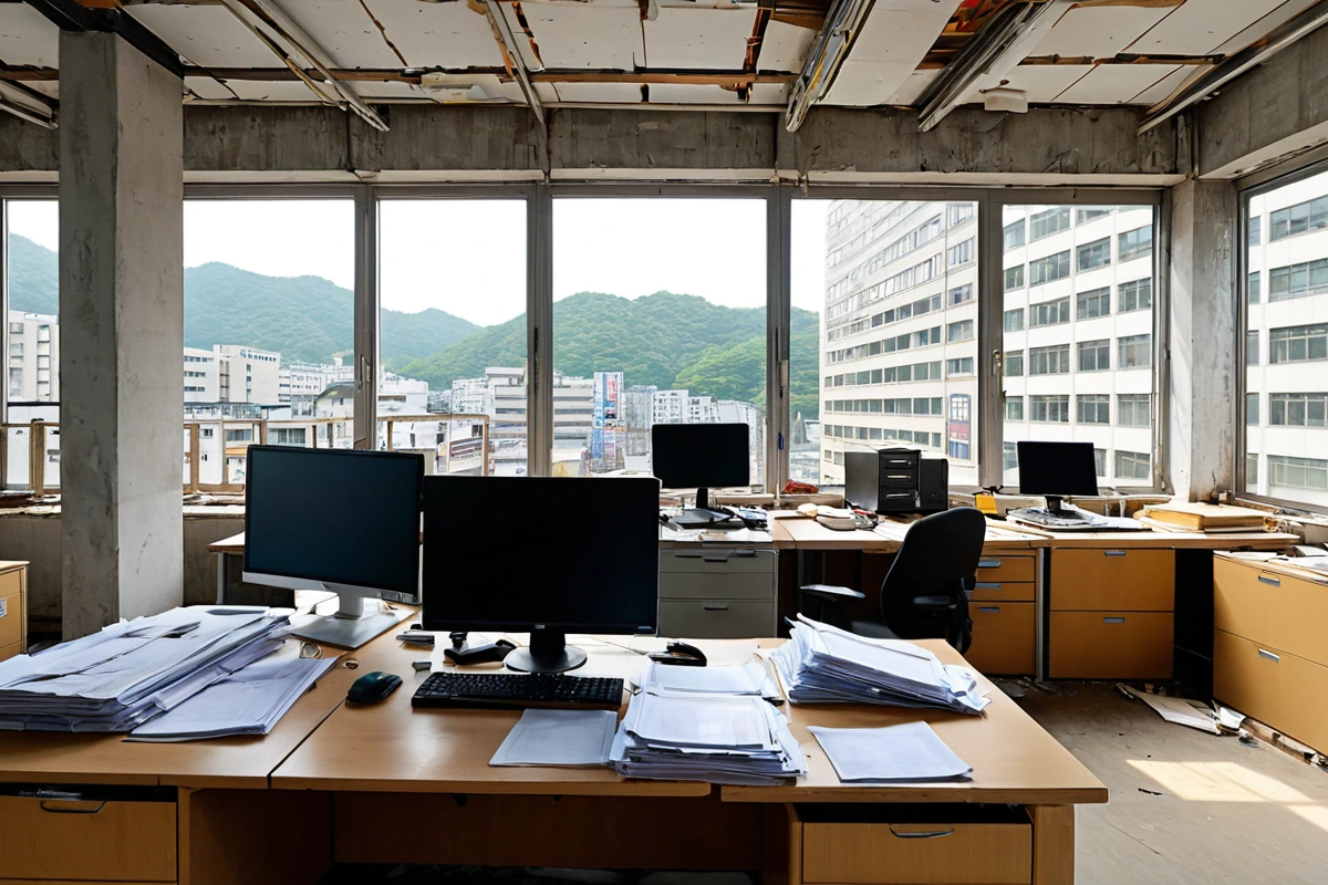 서울 응봉동 사무실 내부에서 컴퓨터와 서류가 정리된 공간. 철거 중인 사무실의 내부 구조와 민감한 서류가 안전하게 보관된 모습을 보여주는 사실적인 장면.