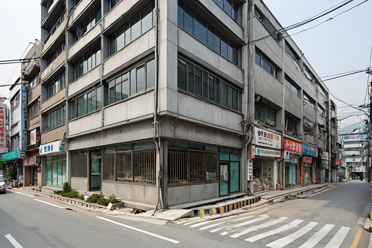 서울 응봉동 상가 건물 외부, 상업용 공간의 구조물과 현대적인 외관이 조화를 이룬 모습. 철거 준비로 일부 구조물이 분리된 상태에서 정돈된 현장이 보인다.