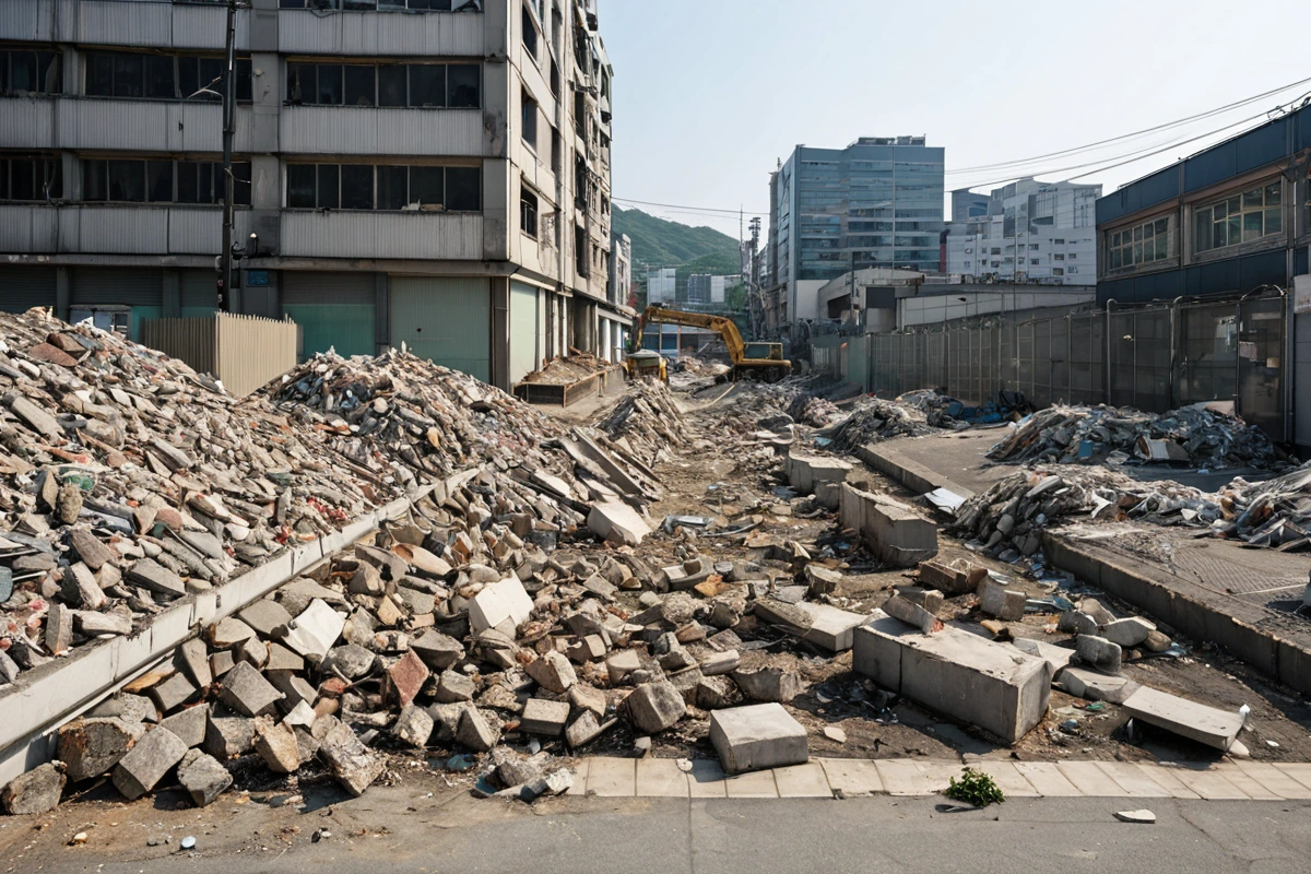 서울의 한 상가 건물 철거 현장에서, 철거 작업이 완료된 건물 잔해가 깔끔하게 정리된 모습. 주변 상가 건물과의 거리가 넓고, 철거 현장 주변에 보호 울타리가 설치되어 있는 모습.