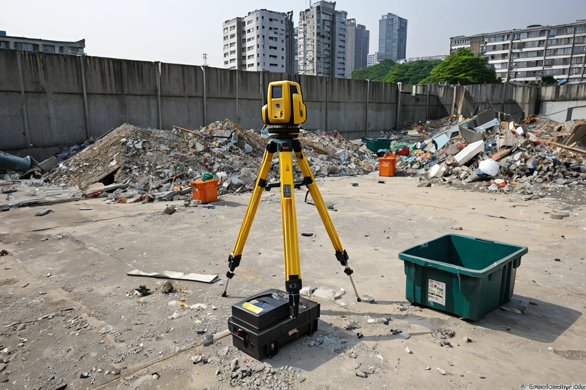 서울의 한 아파트 단지에서 철거 작업을 준비하는 현장. 철거 면적을 측정하는 레이저 거리 측정기와 구조물 재질을 확인하는 전문 도구가 놓여져 있으며, 폐기물 처리를 위한 분리 배출