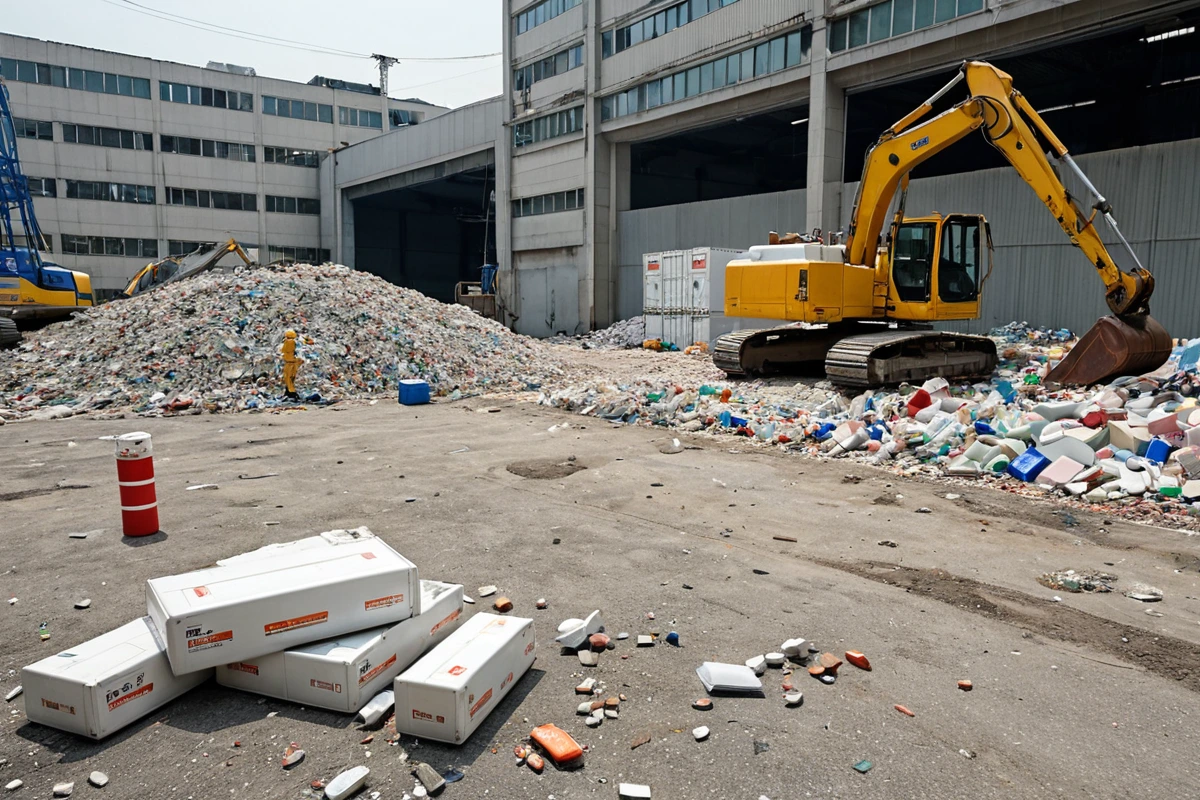 서울의 한 약국 철거 현장에서 철거 전 현장 조사 중인 전문가가 의약품 보관 상자를 정확히 분류하고 있는 모습. 철거 기계가 준비되어 있는 배경에 철저한 사전 점검의 과정이 드러나