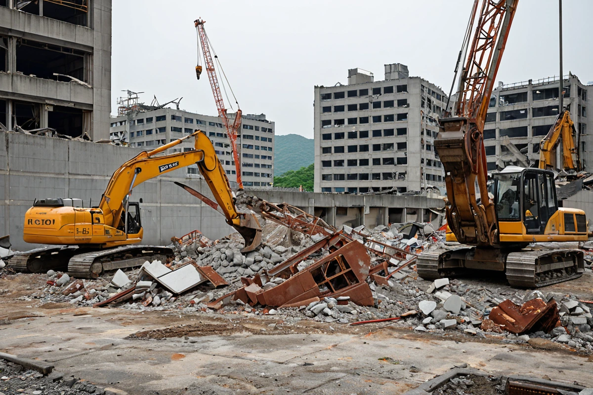 서울 이촌동 상업용 공간 철거 현장, 복잡한 구조물과 철거 중인 벽면, 안전 경고 표지와 함께 철거 장비가 정리된 공간