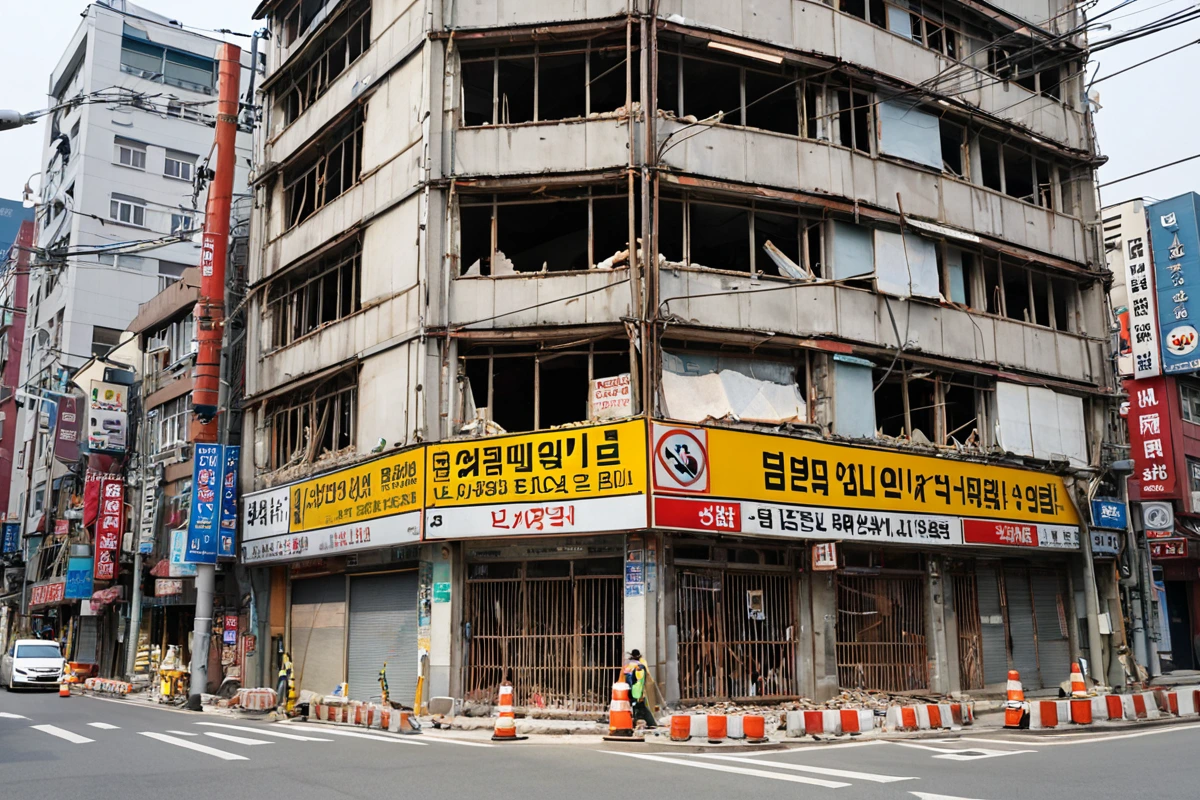 서울 이태원동의 한 건물 외벽에 붙은 '부분철거 중' 표지판이 보이는 장면, 건물의 일부가 철거된 후 남은 구조물과 주변 도로의 혼잡한 교통 상황이 배경으로 펼쳐진다.