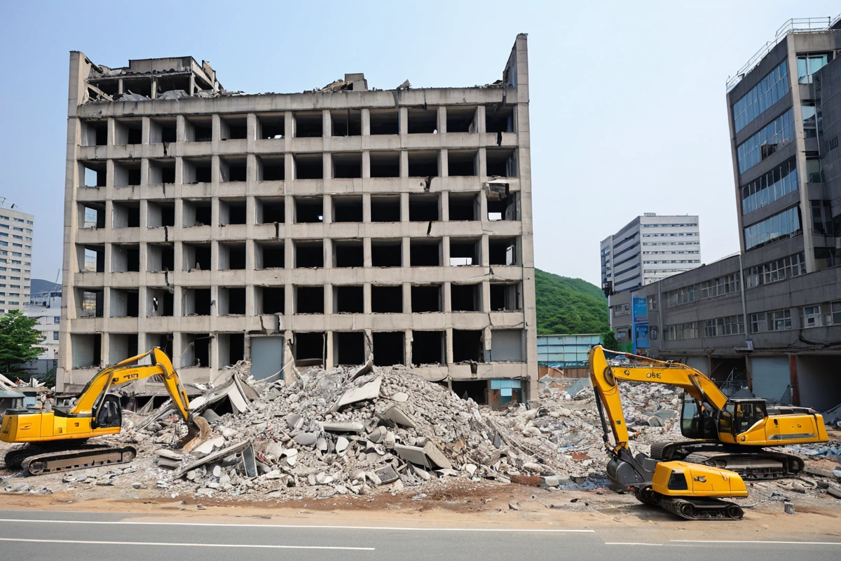 서울 장안 지역의 200㎡ 규모 오피스텔 철거 현장, 노후화된 건물 구조물과 철거 장비가 정돈되게 배치된 모습, 건물의 안정성 문제를 방지하기 위한 사전 조사 후 철거 과정의 청소