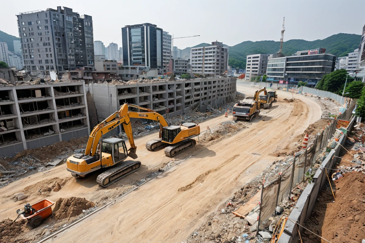 서울 장위동 주거지와 상업지가 혼재한 거리에서 철거 작업 중인 공사 현장. 주변 건물의 창문과 도로 위 먼지 제거 장비가 보이며, 소음 차단 울타리가 설치된 모습.