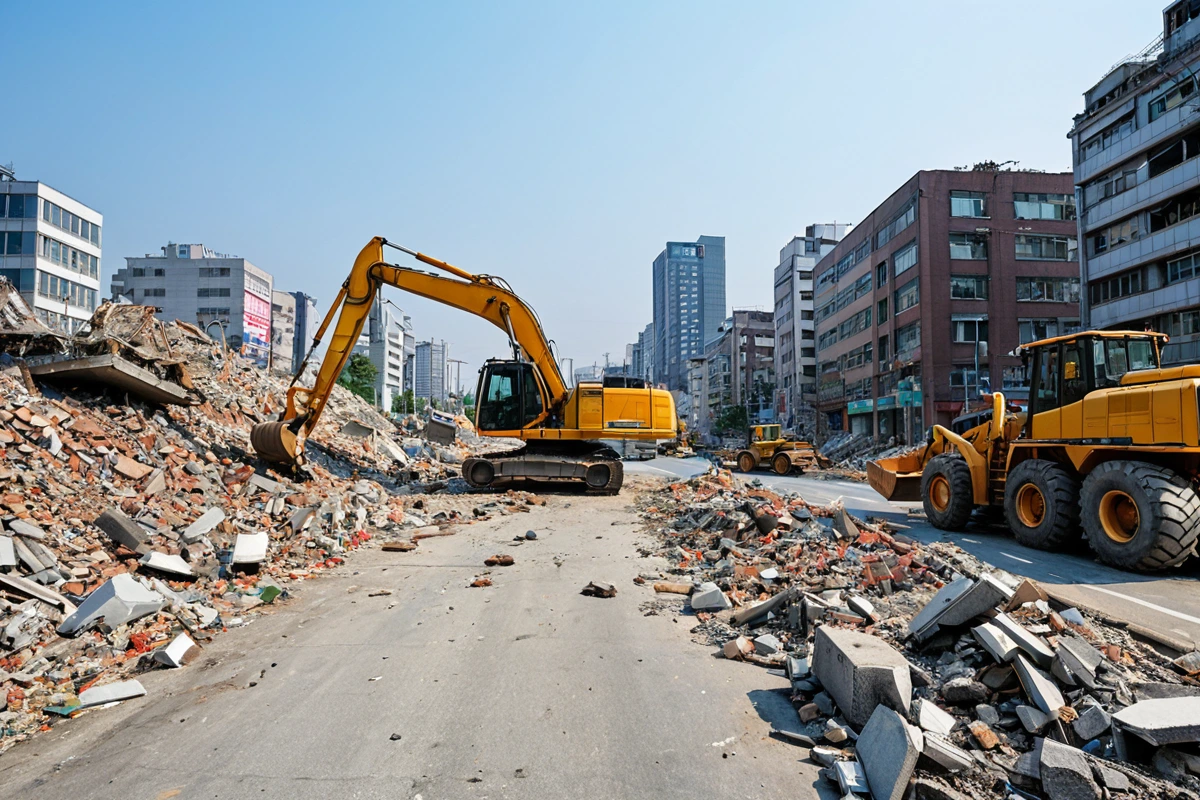 서울 장지동 도시 개발 구역에서 철거 작업 중인 중장비가 도로를 따라 정리된 잔해와 함께 멈춰 서 있는 모습. 건물 잔해 위로 푸른 하늘이 펼쳐진 도시 풍경.