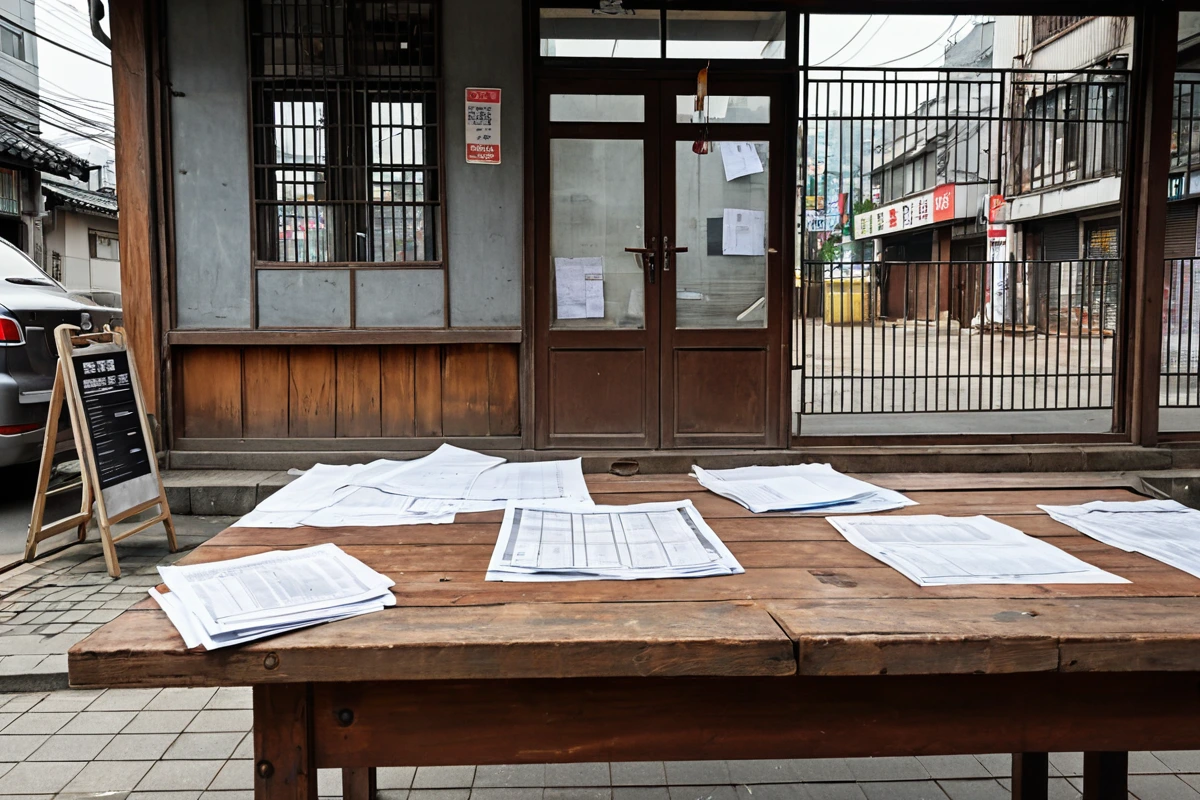 서울 장지동 상업 지역의 철거 전 허가 서류가 놓인 테이블 위, 철거 계획서와 관련 문서가 정리된 모습, 철거 현장의 경계 표시가 보이는 외부 풍경