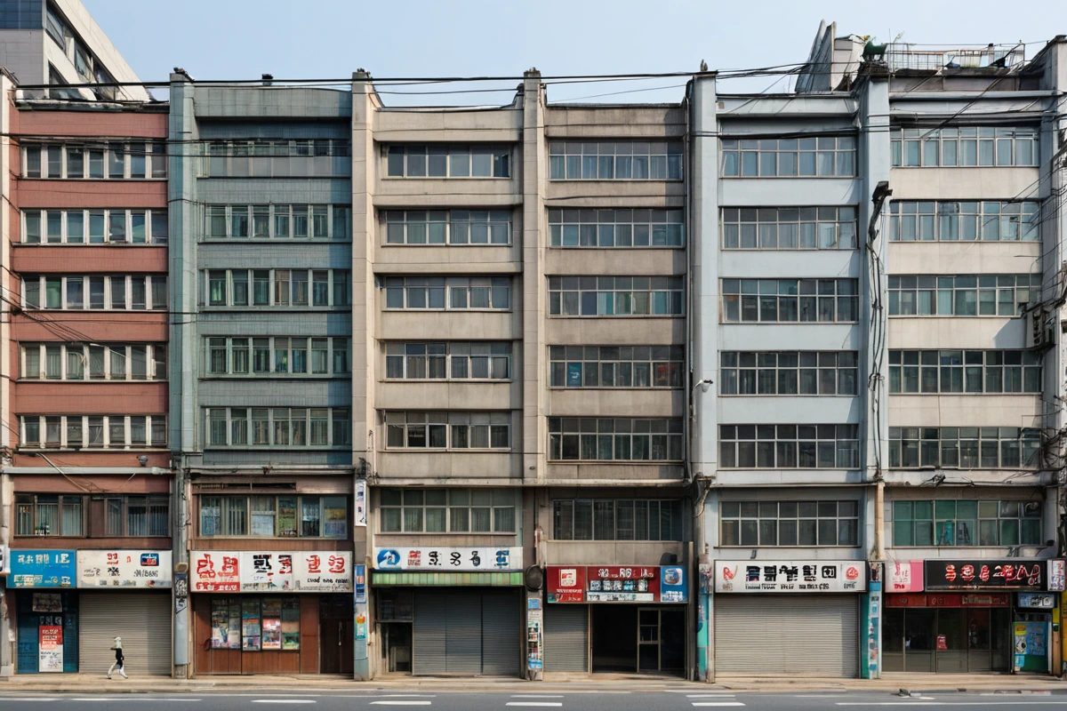 서울 장충동 상가 건물의 외관과 인근 건물 간의 거리가 보이는 도시 풍경, 상가 철거 시 고려해야 할 인근 건물과의 거리 감각을 전달하는 사진