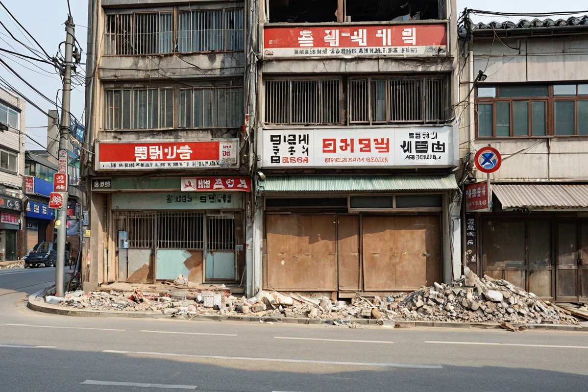 서울 장충동 상업지역과 주거지가 혼재된 거리의 철거 현장. 철거 중인 건물 외벽에 붙은 '철거 중' 안내 표지판과 주변 상가의 간판이 보이는 자연스러운 도시 풍경.