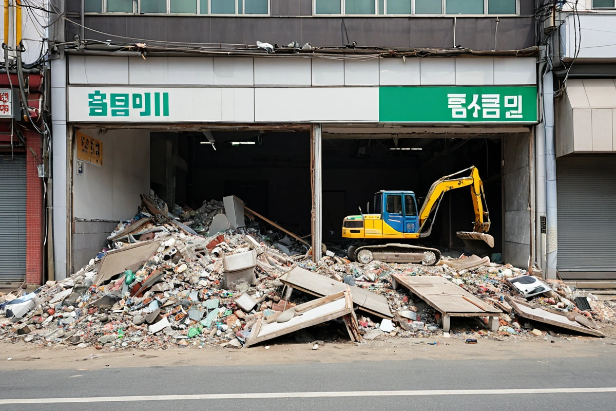 서울 장충동 상업 지역의 철거 중인 매장 외관, 건물 구조와 폐기물 처리 장소가 잘 보이는 자연스러운 장면, 철거 장비가 정리된 상태로 철거 작업 중인 모습