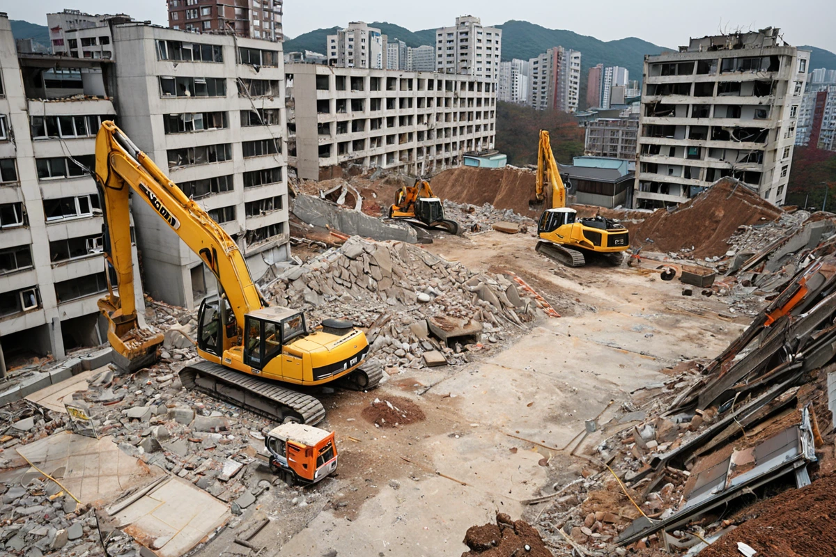 서울 장충동의 주택 철거 현장에서 철거 업체 직원이 현장 점검을 위해 측정기로 구조물을 확인하는 장면. 철거 전 주택의 구조적 상태를 정확히 파악하기 위해 철거 장비와 측정 도구가