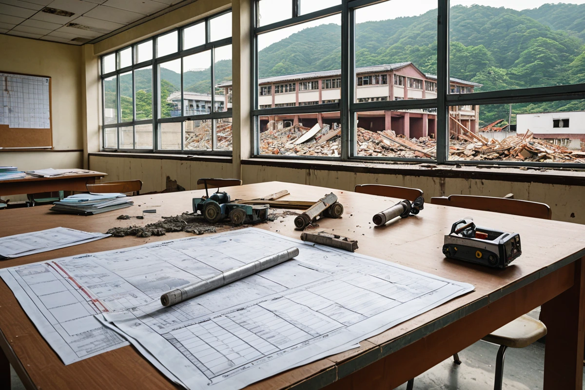 서울 장충동 학원 철거 비용 비교를 위한 구조 분석 도면과 비용 산정표가 함께 놓인 테이블 위의 장면. 철거 과정에서 사용되는 장비와 재료의 사진이 첨부된 문서가 정리되어 있으며,