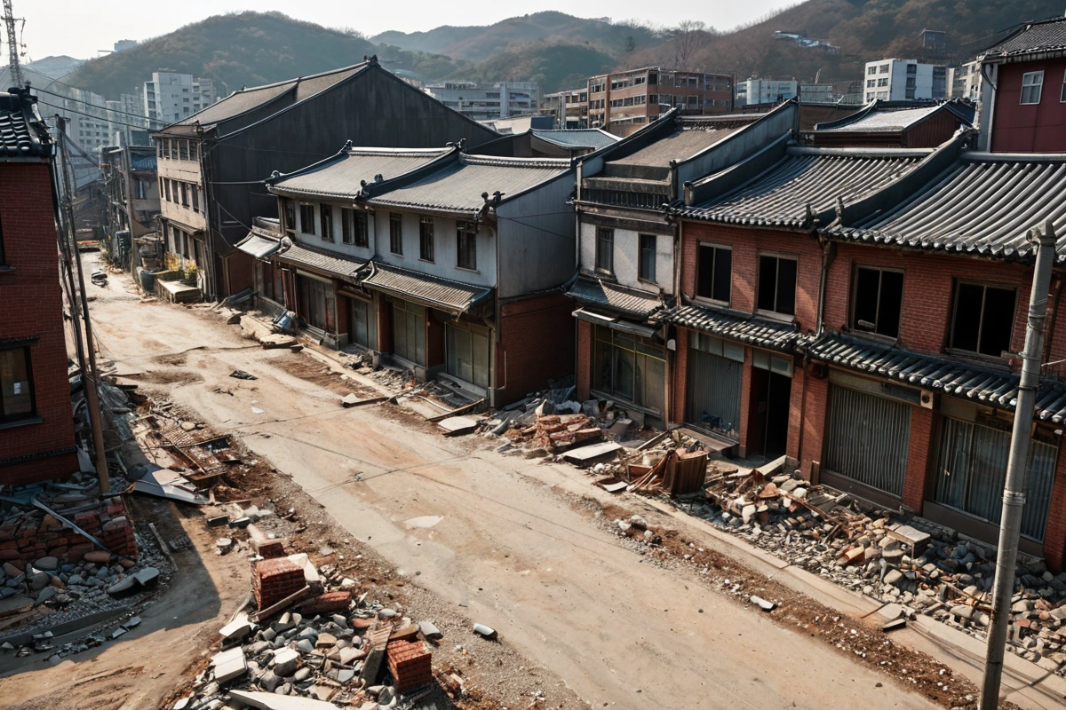 서울 전농동 상가 지역의 철거 현장, 상업용 건물의 외관과 주변 주거지역의 경계가 보이는 장면. 철거 중인 건물의 구조적 특징과 주변 도로의 소음 규제 표지판이 보이지 않는 자연스