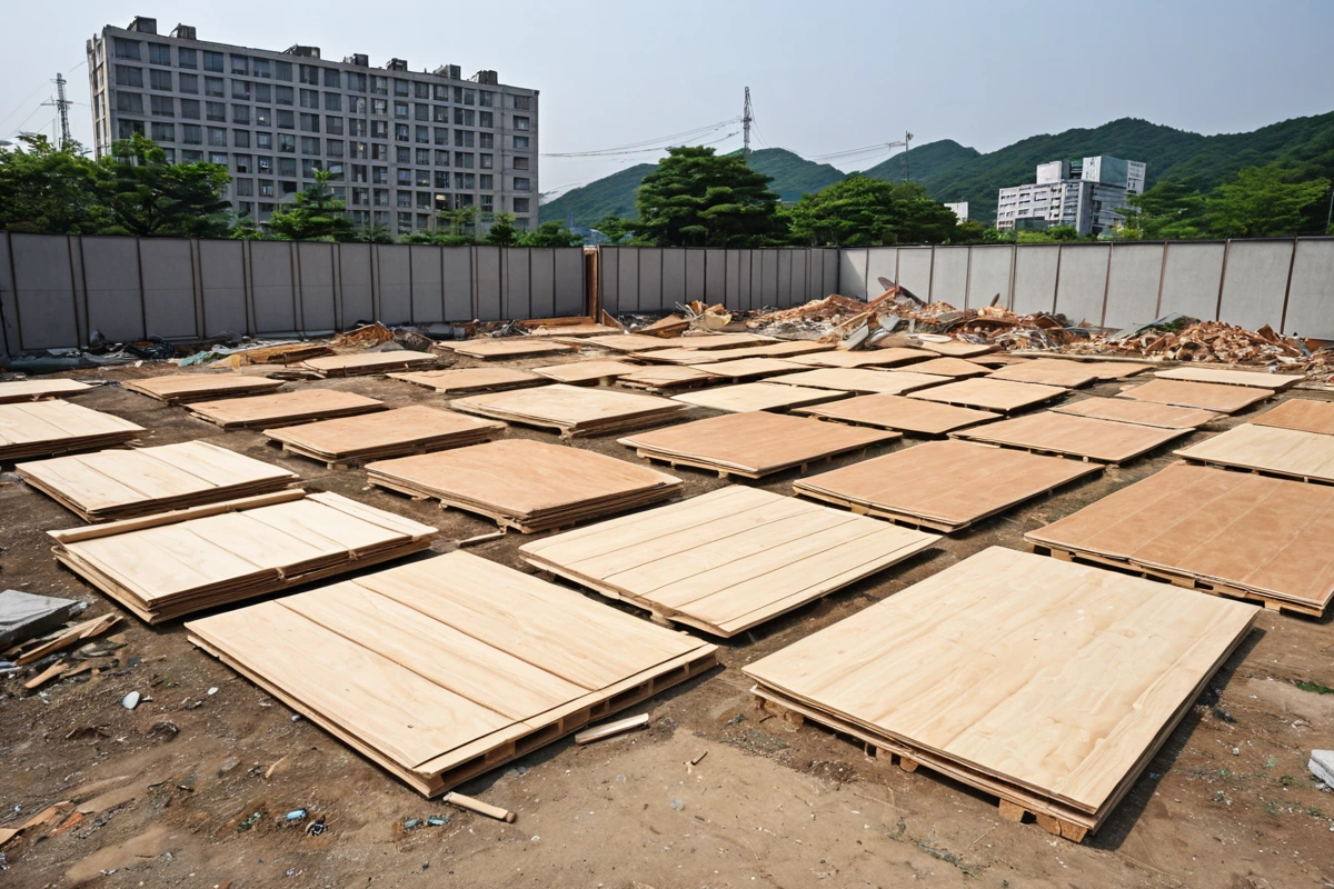 서울 전농동 칸막이 철거 현장에서 철거된 합판 재질의 칸막이가 놓여 있는 모습. 철거된 재료와 함께 현장의 정리된 공간이 자연스럽게 보이는 장면.