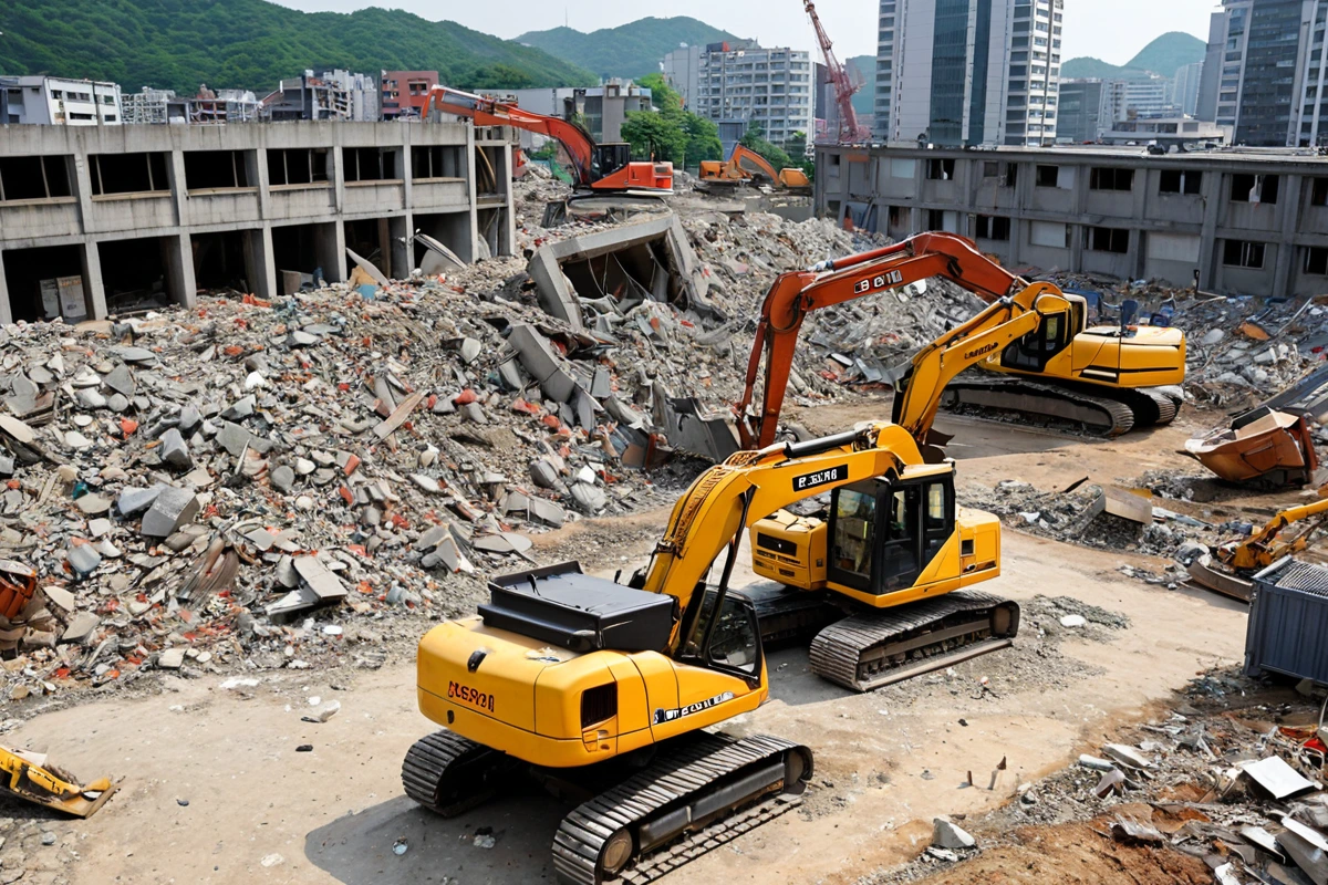 서울 전농 지역의 철거 현장에서 철거 장비가 정확히 배치된 모습. 인건비 절감을 위한 최적화된 작업 공간 구성이 보이는 간결한 철거 현장. 장비와 폐기물 처리 구역이 명확히 구분되