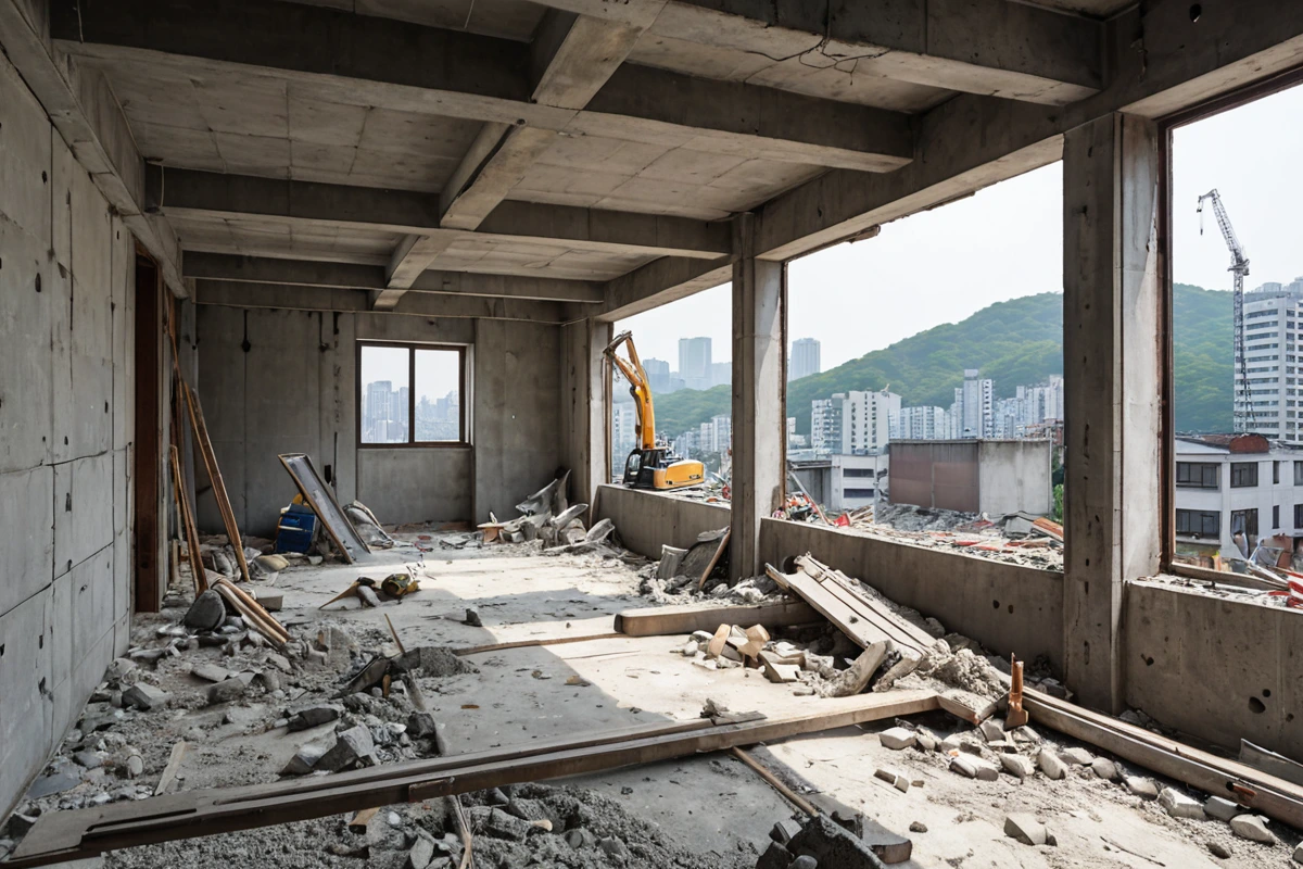 서울 종로구 가회동의 소형 주택 내부 철거 현장. 철거 중인 콘크리트 벽과 철골 구조물의 일부가 드러나며, 철거 작업 중인 장비가 정리된 상태로 배치되어 있습니다.