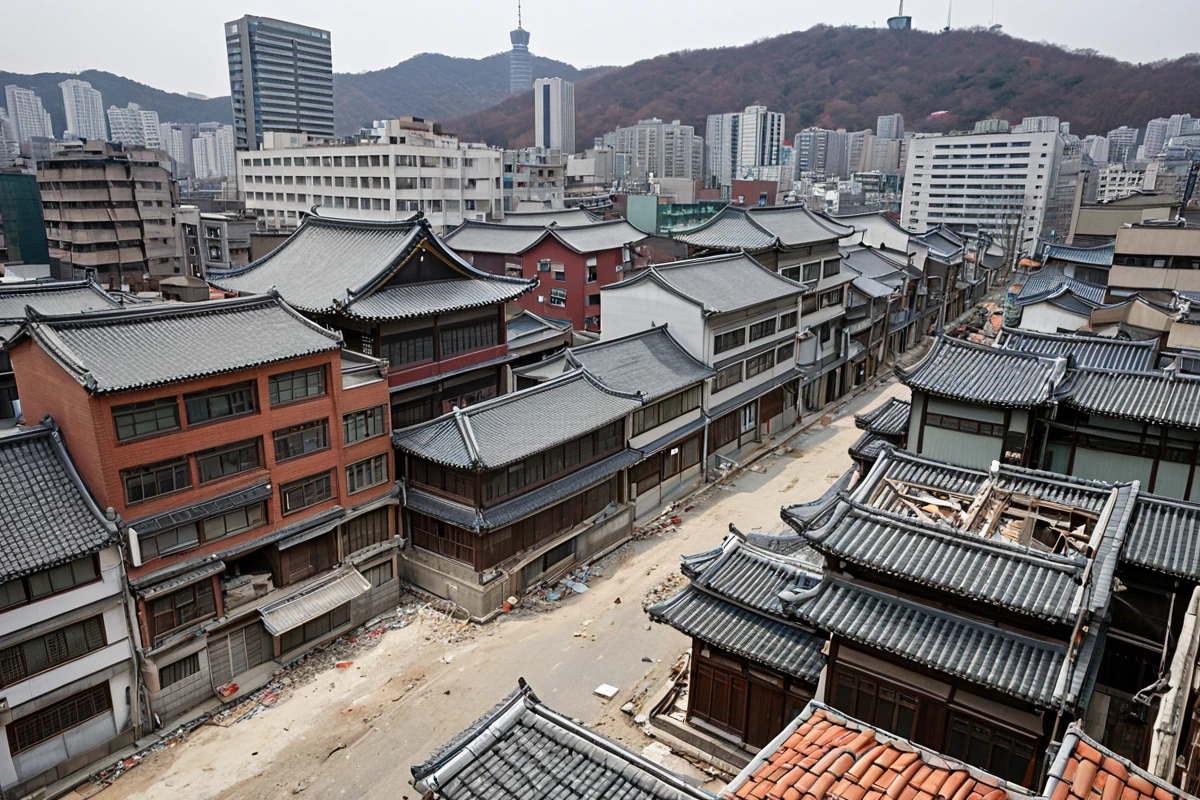 서울 종로구 가회동의 역사적 건물과 현대식 주택이 조화롭게 어우러진 거리. 건물 외관에는 전통적인 기와 지붕과 현대적인 유리창이 공존하며, 주변에 철거 작업 중인 구조물의 안전 울