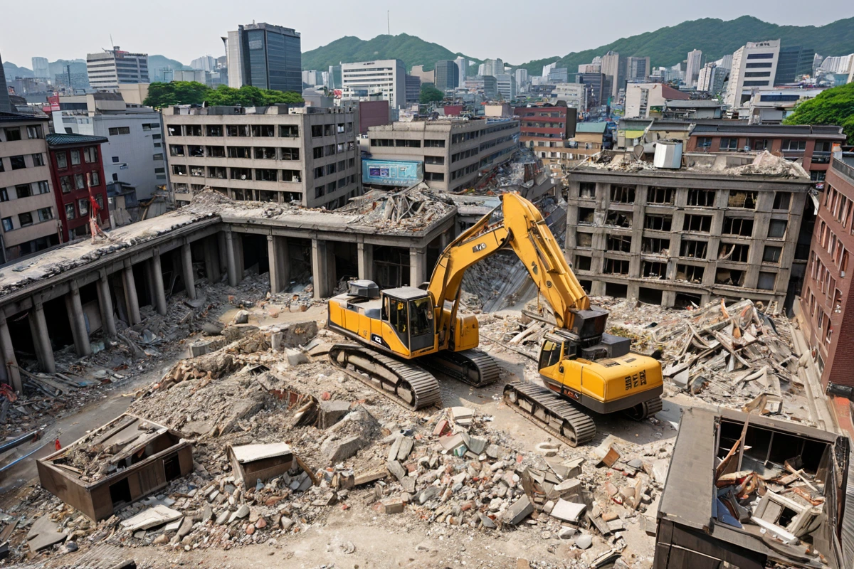 서울 종로구 가회동의 피시방 철거 현장에서 구조물의 상태를 확인하는 현장 점검 장면. 철거 예정인 피시방의 구조물과 주변 환경이 자연스럽게 드러나는 모습. 철거 방식 결정을 위한