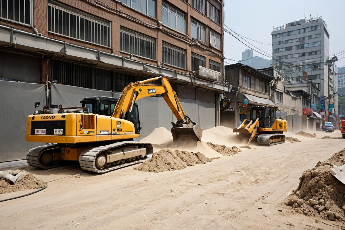 서울 종로구 가회동 카페 주변 상가가 밀집한 도로 위, 철거 작업 중인 장비가 주변 상가를 보호하기 위해 먼지 차단막으로 감싸진 모습. 철거 과정에서 소음과 먼지 관리가 철저히 이