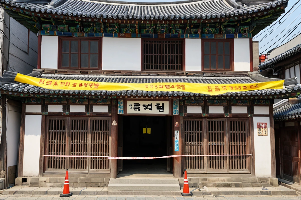 서울 종로구 교남동 역사적 건축물의 외관과 주변 문화재 표지판이 보이는 장면. 건물 외벽에 역사적 가치를 나타내는 표시가 달려 있고, 주변에 철거 작업을 위한 안전 테이프가 놓여진