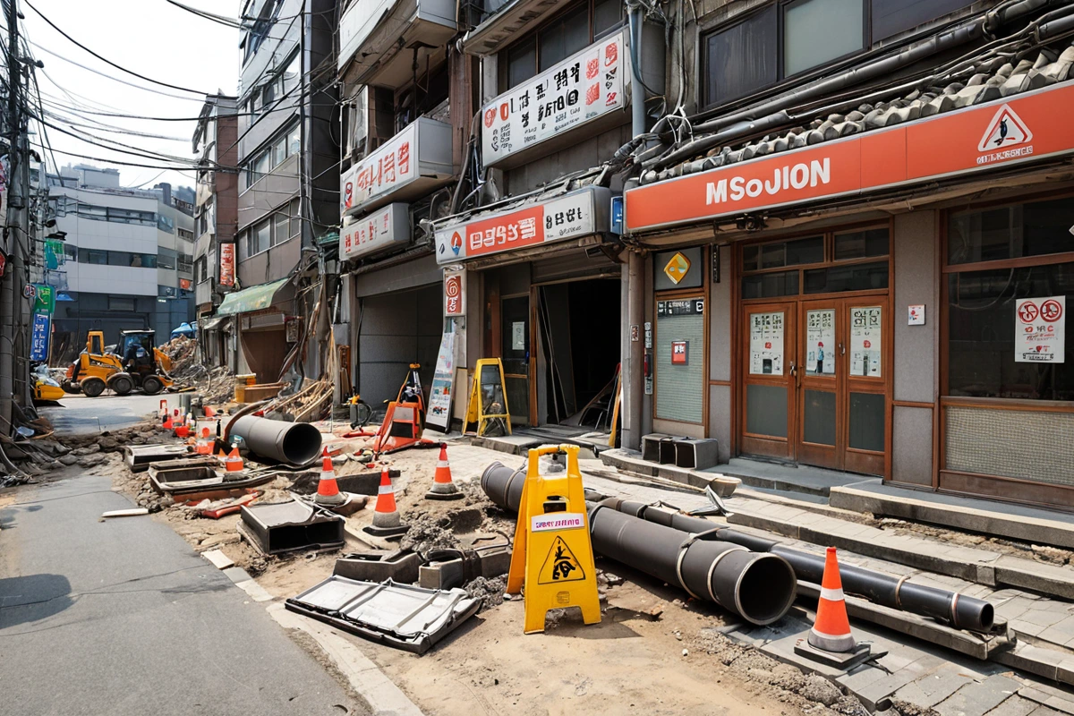 서울 종로구 교남동의 식당 철거 현장에서 안전 장비가 준비된 작업 공간. 가스관 철거를 위한 전문 장비와 안전 경고 표지가 배치된 철거 현장의 정리된 모습.