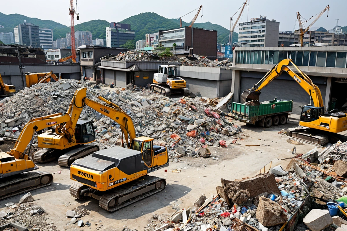서울 종로구 교남동의 식당 철거 현장에서 철거 작업 중인 장비와 폐기물 처리를 위한 차량이 배치된 장면. 건물의 잔해와 철거 과정에서 발생한 쓰레기들이 철거 차량에 실려 있는 모습