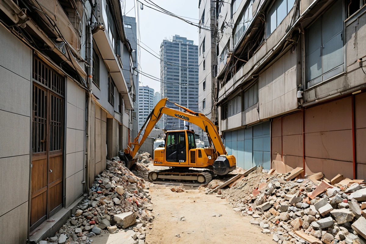 서울 종로구 낙원동의 도심 지역에서 철거 중인 가벽. 주변 건물과의 거리가 좁은 도심 환경에서 철거 장비가 안전하게 작업 중인 모습. 소음 차단 천막이 설치되어 있는 상황.
