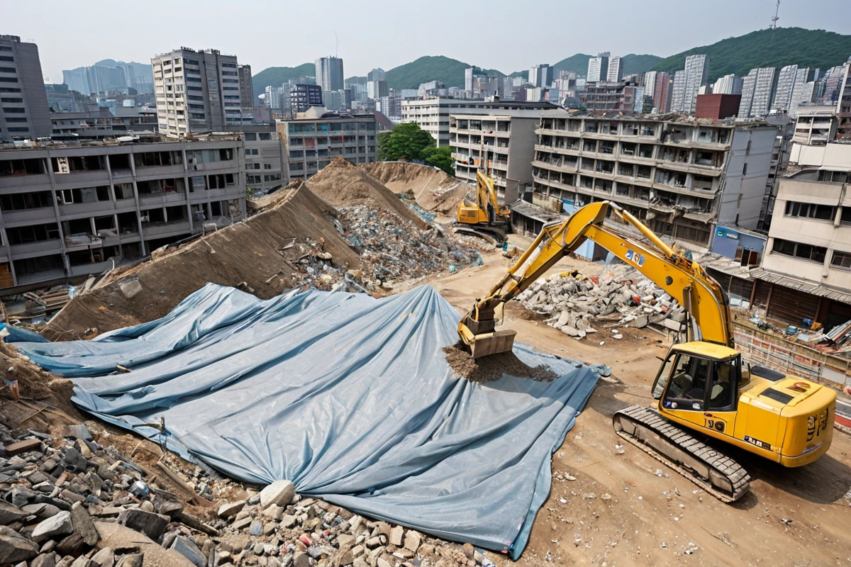 서울 종로구 봉천동 주택 철거 현장, 철거 중인 건물의 잔해가 정리된 공간과 환경 정화를 위한 먼지 방지 천막이 설치된 모습, 주변 건물과의 조화를 이룬 깔끔한 철거 현장