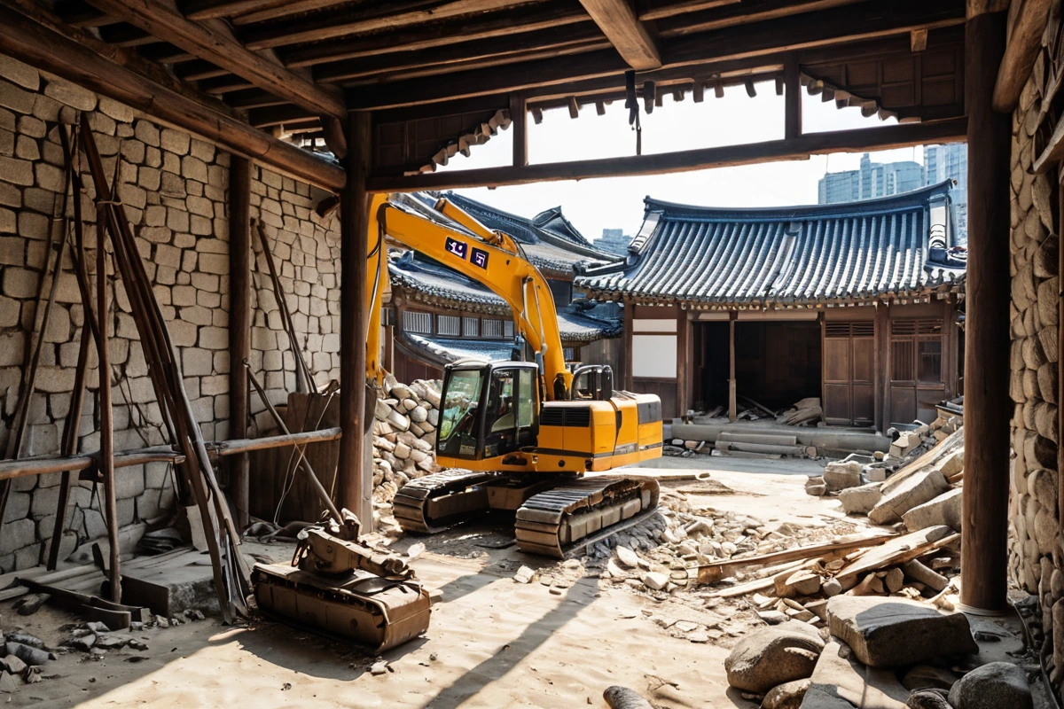 서울 종로구의 전통 한옥 주택 철거 현장에서, 철거 중인 건물의 구조물과 철거 장비가 정리된 모습. 건물의 낡은 벽과 철거 작업 중인 장비가 자연스럽게 어우러진 모습.