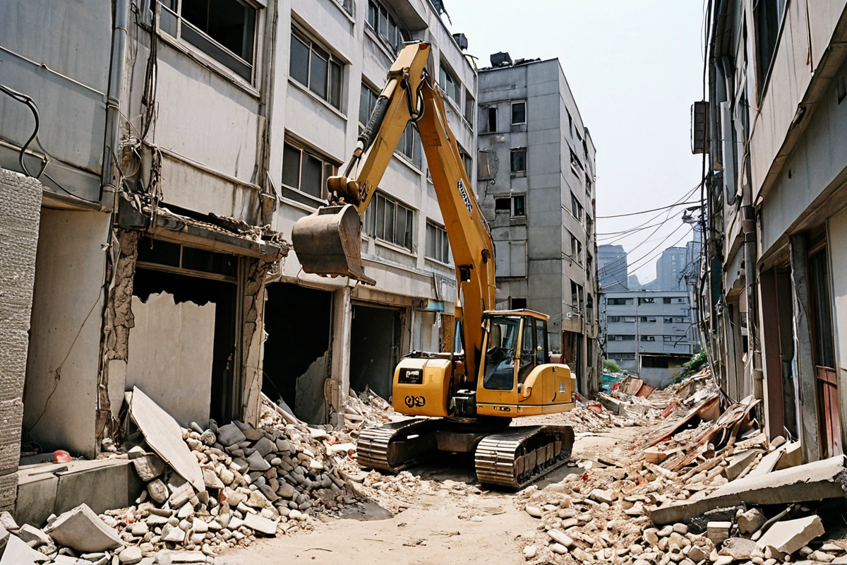 서울 종로구 청운동의 1990년대 건물 철거 현장, 건물 외벽에 흠집이 나고 구조적 손상이 보이는 모습, 좁은 골목길에서 철거 장비가 준비된 모습