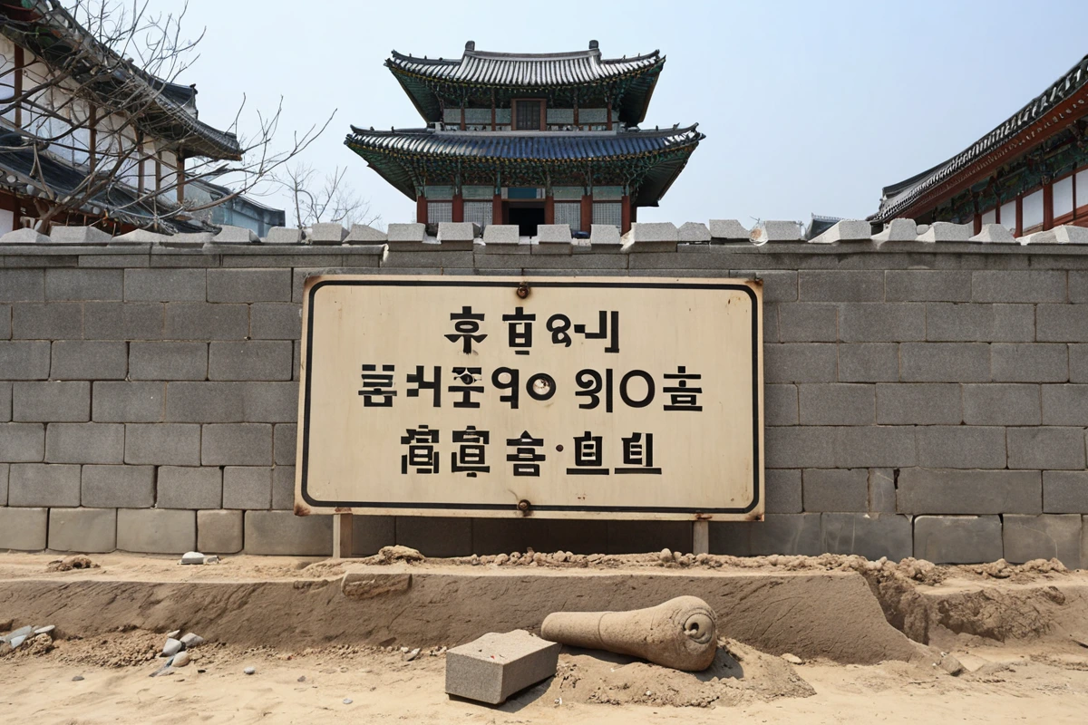 서울 종로구 평창동 역사적 건물 주변에 설치된 문화재 보호 표지판과 철거 작업을 준비 중인 안전 울타리가 보이는 장면, 흙먼지가 가득한 철거 현장 주변에 역사적인 조각상이 보입니다