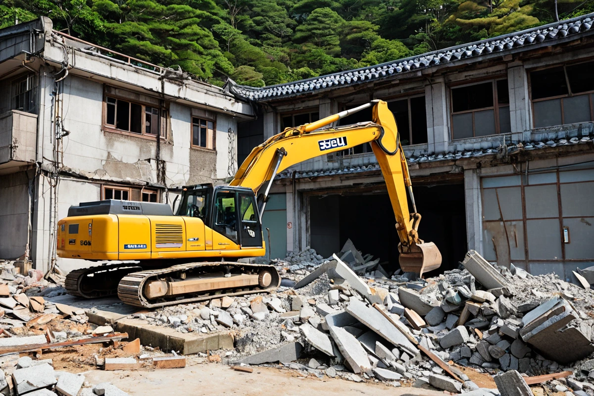 서울 종로구 평창동의 오래된 주택 철거 현장에서, 철거 작업 중인 중장비가 건물의 구조를 정확히 분석하는 모습. 건물 외벽은 흠집이 나고, 철거 과정에서 드러난 내부 구조물이 보인