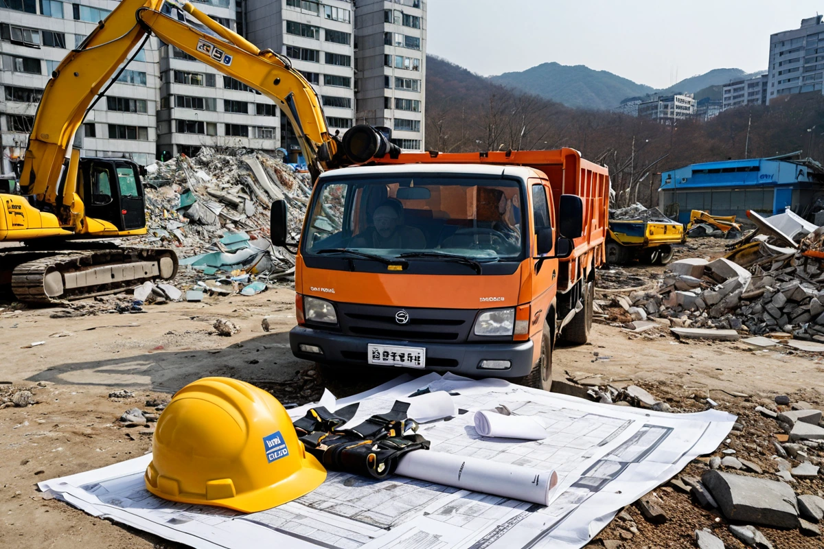 서울 종로구 평창동 지역의 전문 철거 업체 차량이 철거 현장에 주차되어 있는 모습, 차량 옆에는 철거 작업을 위한 안전 장비와 철거 계획서가 놓여 있습니다.