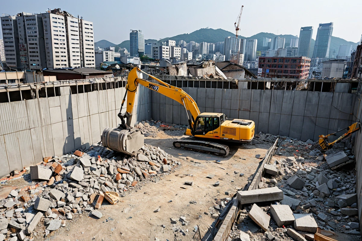 서울 종로구 평창동 학원 주변 건물과의 거리를 고려한 철거 현장, 철거 중인 구조물과 주변 건물 간의 안전 거리가 명확히 보이는 장면. 소음과 진동 관리를 위한 방음막이 설치된 철