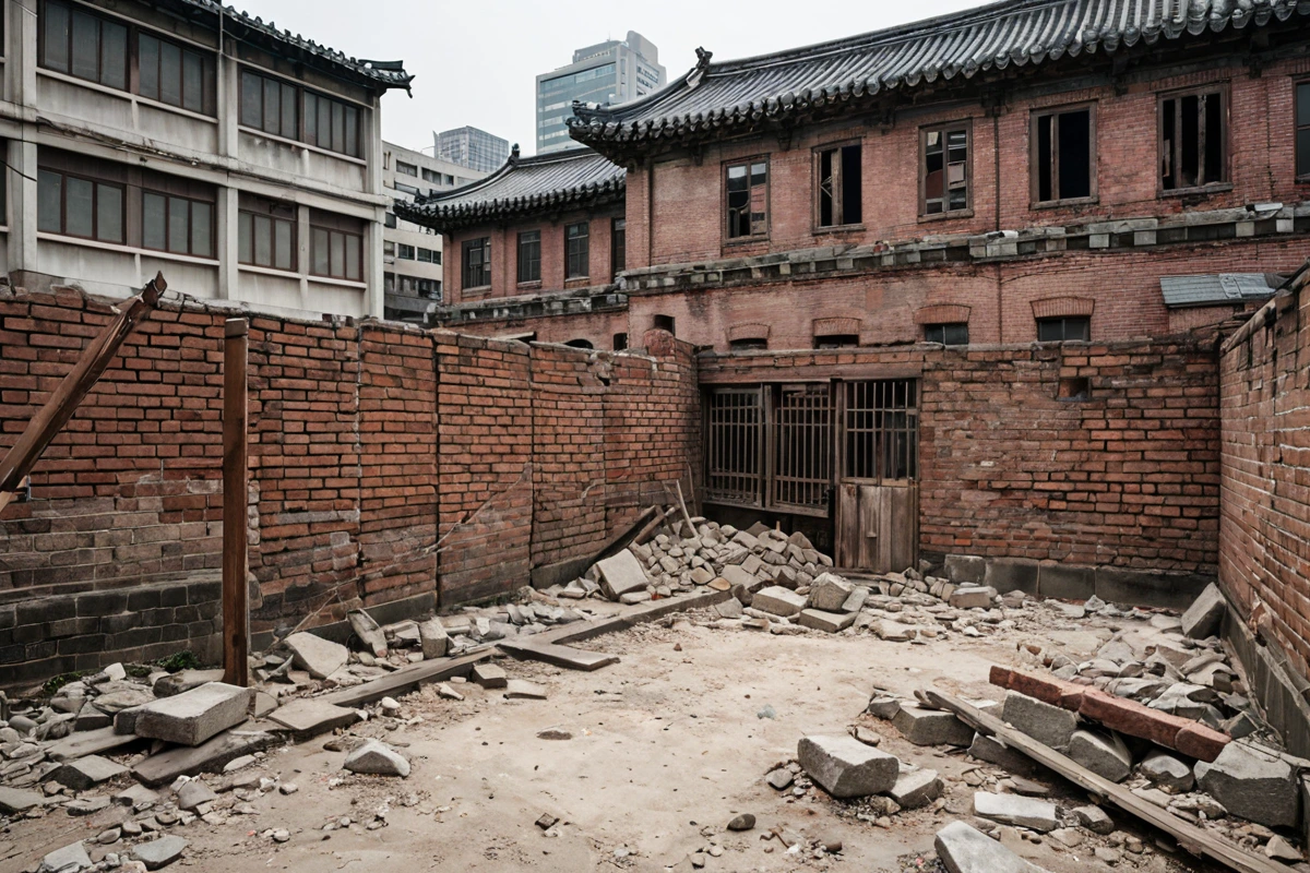 서울 종로구 혜화동 역사적 건물의 철거 현장에서 구조물 상태를 확인하는 사진. 건물의 흉터가 보이는 외벽과 철거 작업을 위한 안전 울타리가 배경에 보입니다.