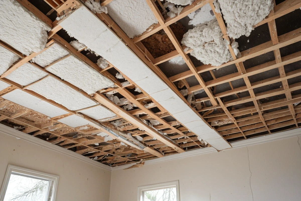 서울 종로구 혜화동의 주택 천장 철거 현장에서 경량 철거 작업 중인 철거 장비와 철거된 천장 재료가 정리된 모습. 철거 작업 중인 장비의 구조와 철거된 천장 재료의 질감이 자연스럽