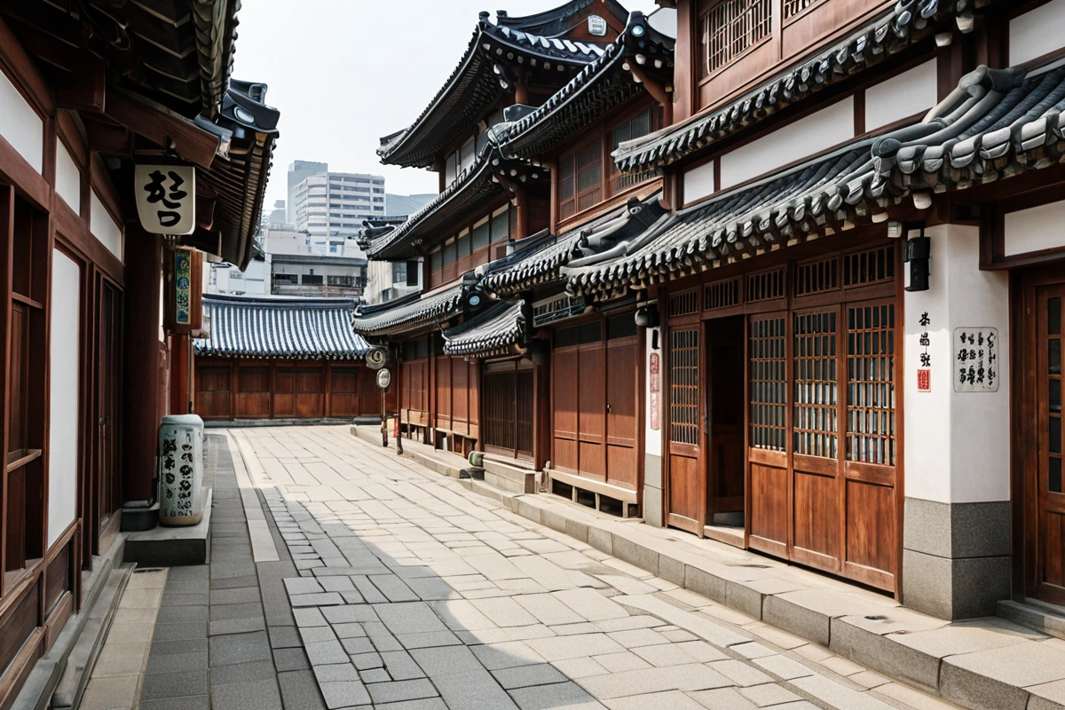 서울 종로구 효자동의 역사적 건물과 현대식 상가가 공존하는 거리. 과거와 현재가 조화를 이룬 건물 외관과 보존된 문화재 표지판이 보이는 정면 각도의 촬영. 건물의 세부 디테일과 주