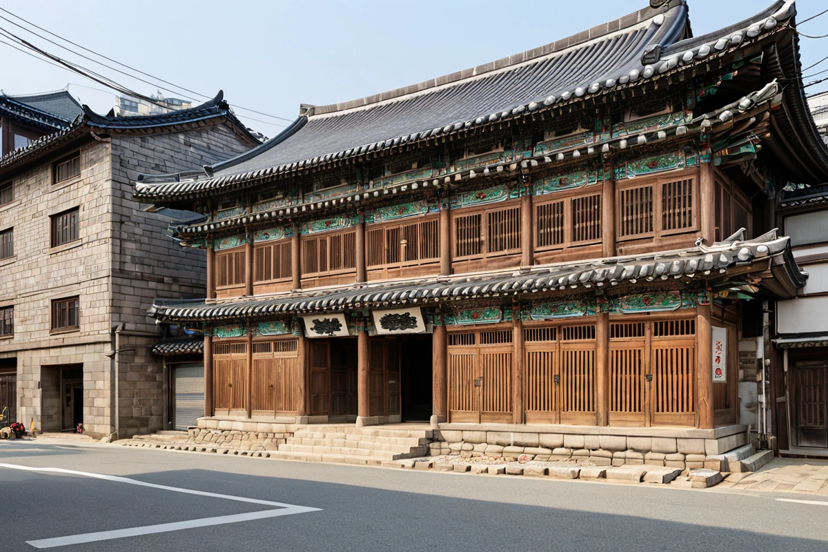 서울 종로구 효자동의 역사적 건물 앞에서 철거 작업 중인 장비가 정확히 위치한 모습. 건물 외벽의 전통적인 디자인과 철거 장비의 현대적 디자인이 조화를 이룬 촬영 각도.
