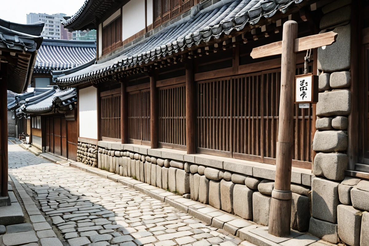 서울 종로구 효자동의 역사적 건물 앞에 설치된 소방 및 건축 규제 안내 표지판이 보이는 장면. 건물 외벽은 전통적인 돌담과 나무 기둥으로 이루어져 있으며, 주변에는 조용한 골목길이