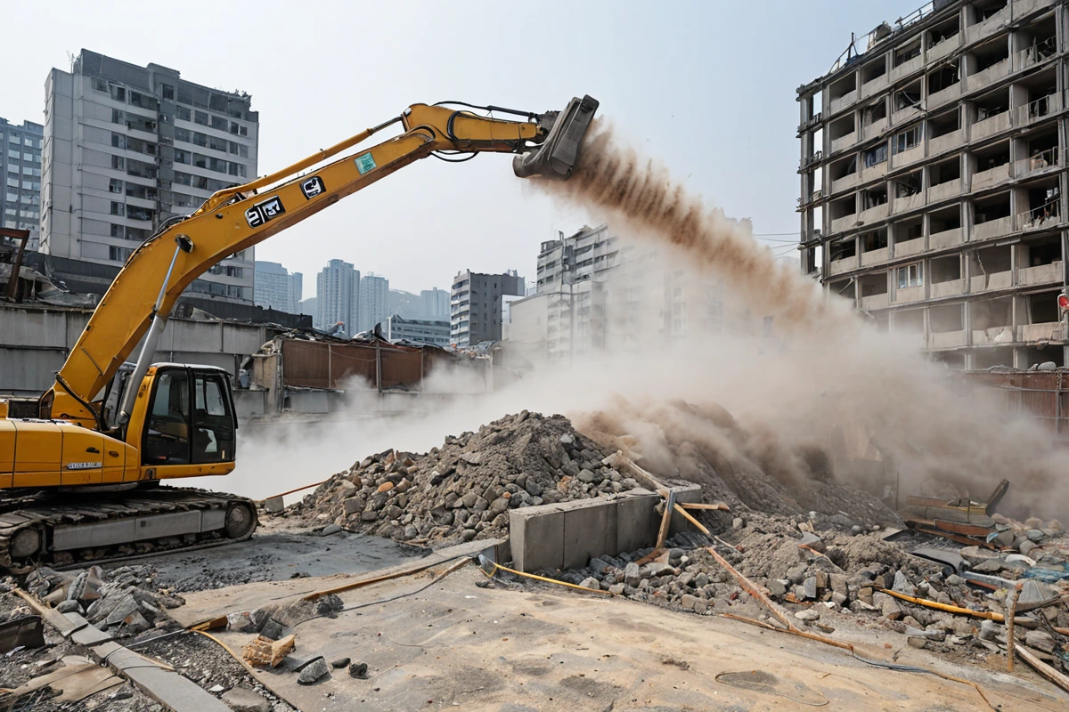 서울 종로구 효자동의 주거 밀집 지역에서 철거 작업 중인 공사 현장. 주변 건물과 도로가 보이는 가운데 소음 차단 천막과 먼지 관리 장비가 설치된 모습. 철거 중인 건물의 일부 구